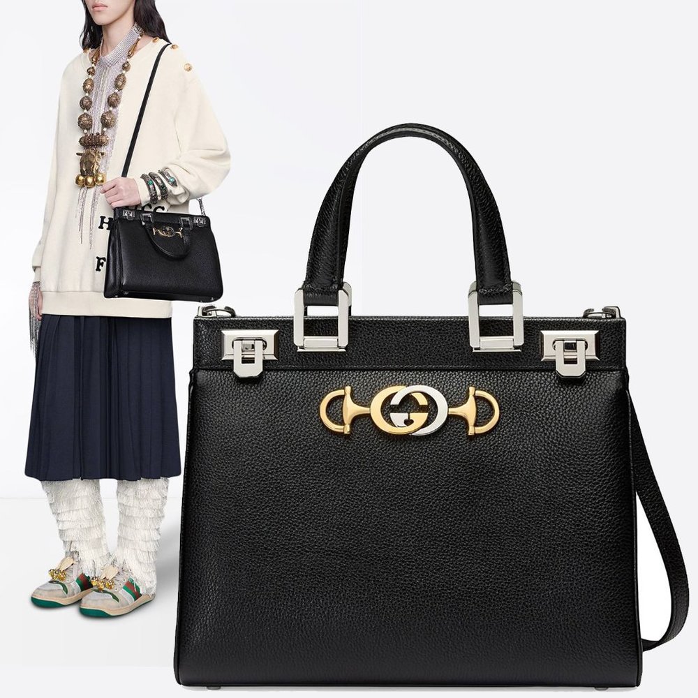 GUCCI BAG 569712 ZUMI SMALL GRAINY BLACK LEATHER TOP HANDLE INTERLOCKING G LOGO